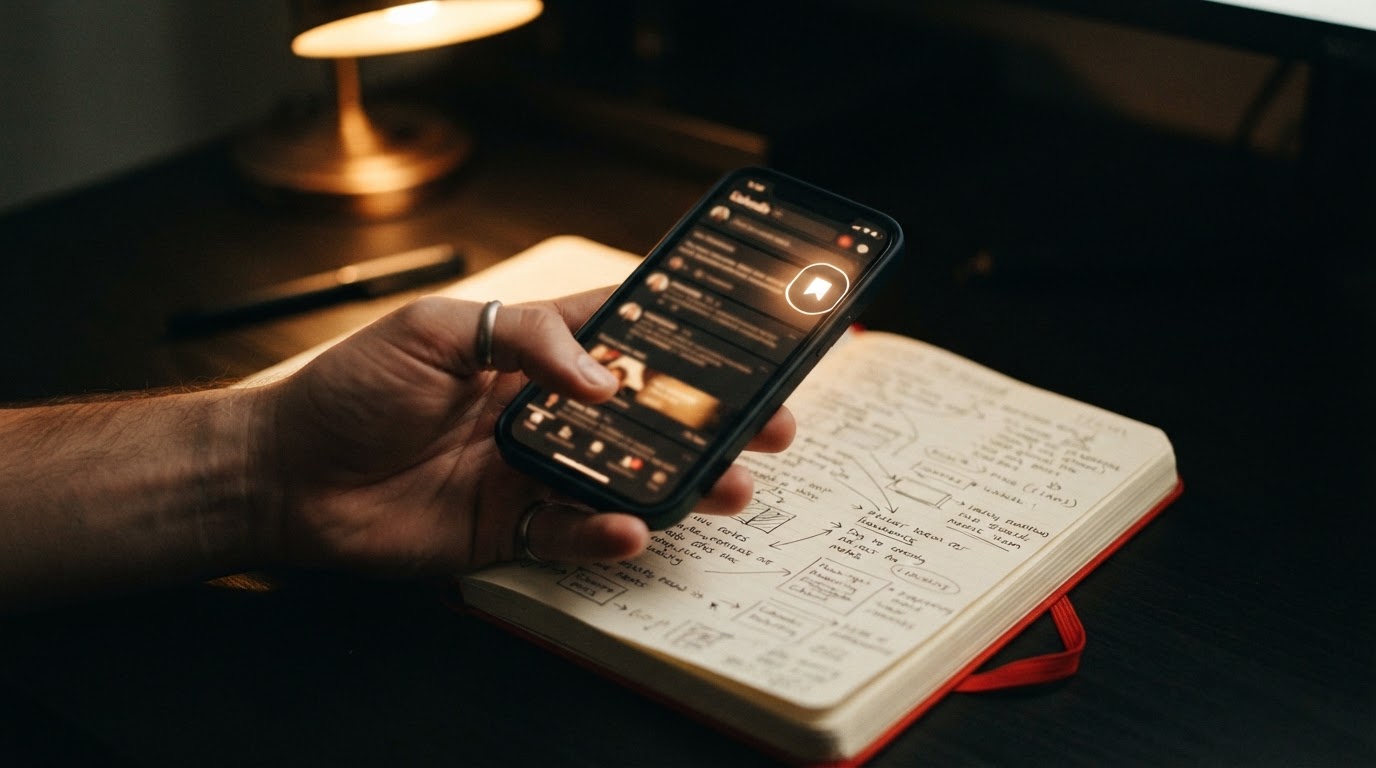 A hand holding a phone showing a social feed post with the save icon highlighted, next to a notebook on a dark desk