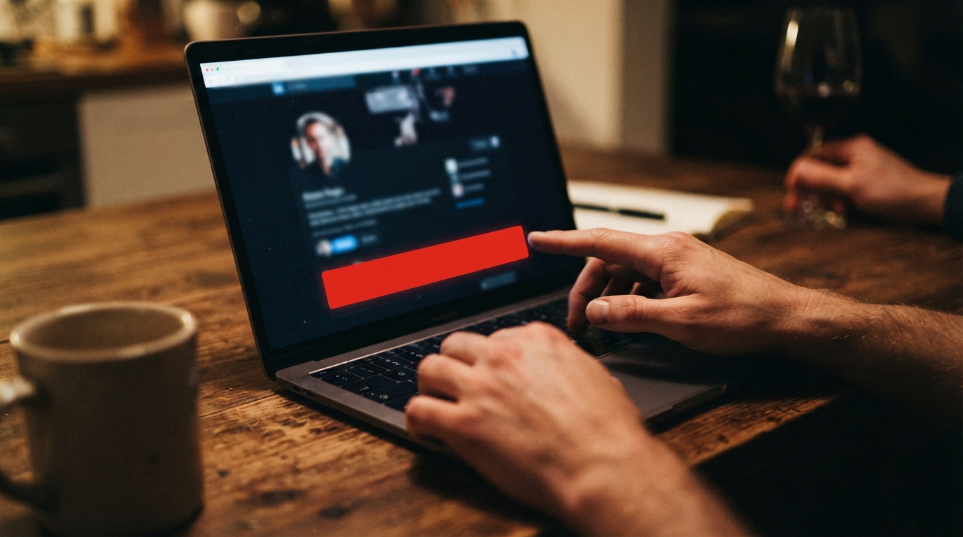 Hands hovering over a laptop trackpad with a profile page and a red booking button on screen