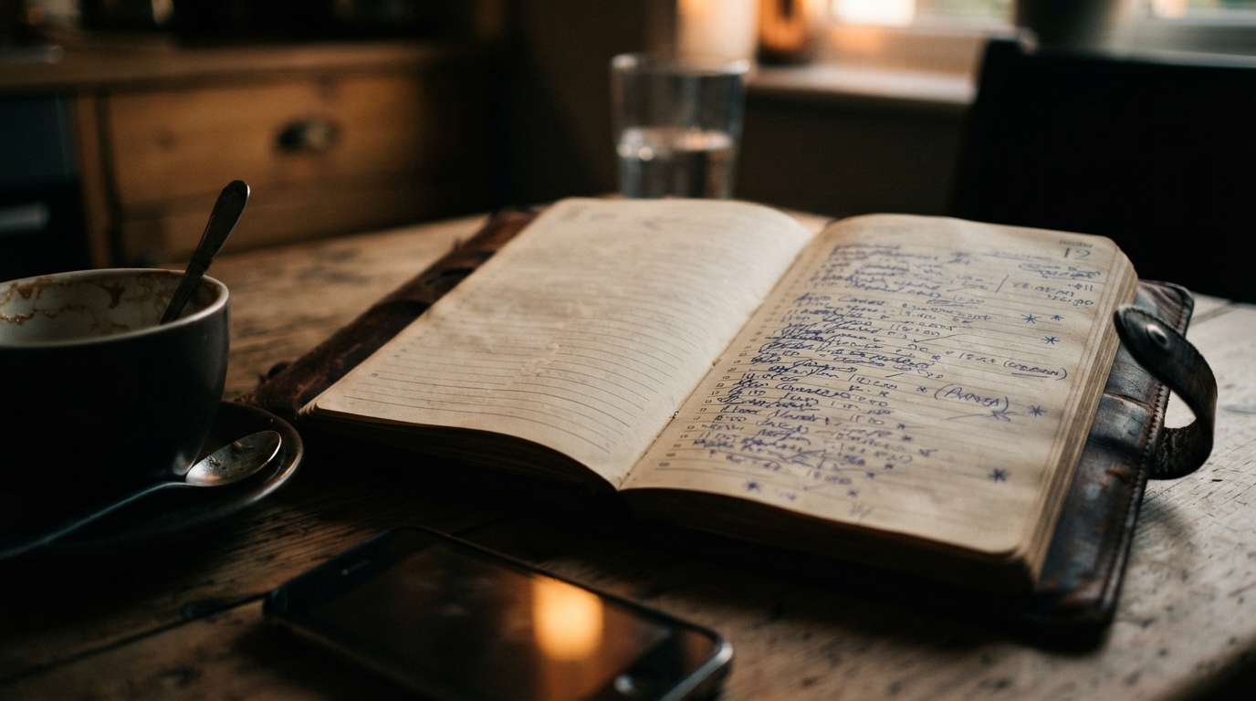 A handwritten appointment diary with every hour of the day booked, on a kitchen table in low evening light.