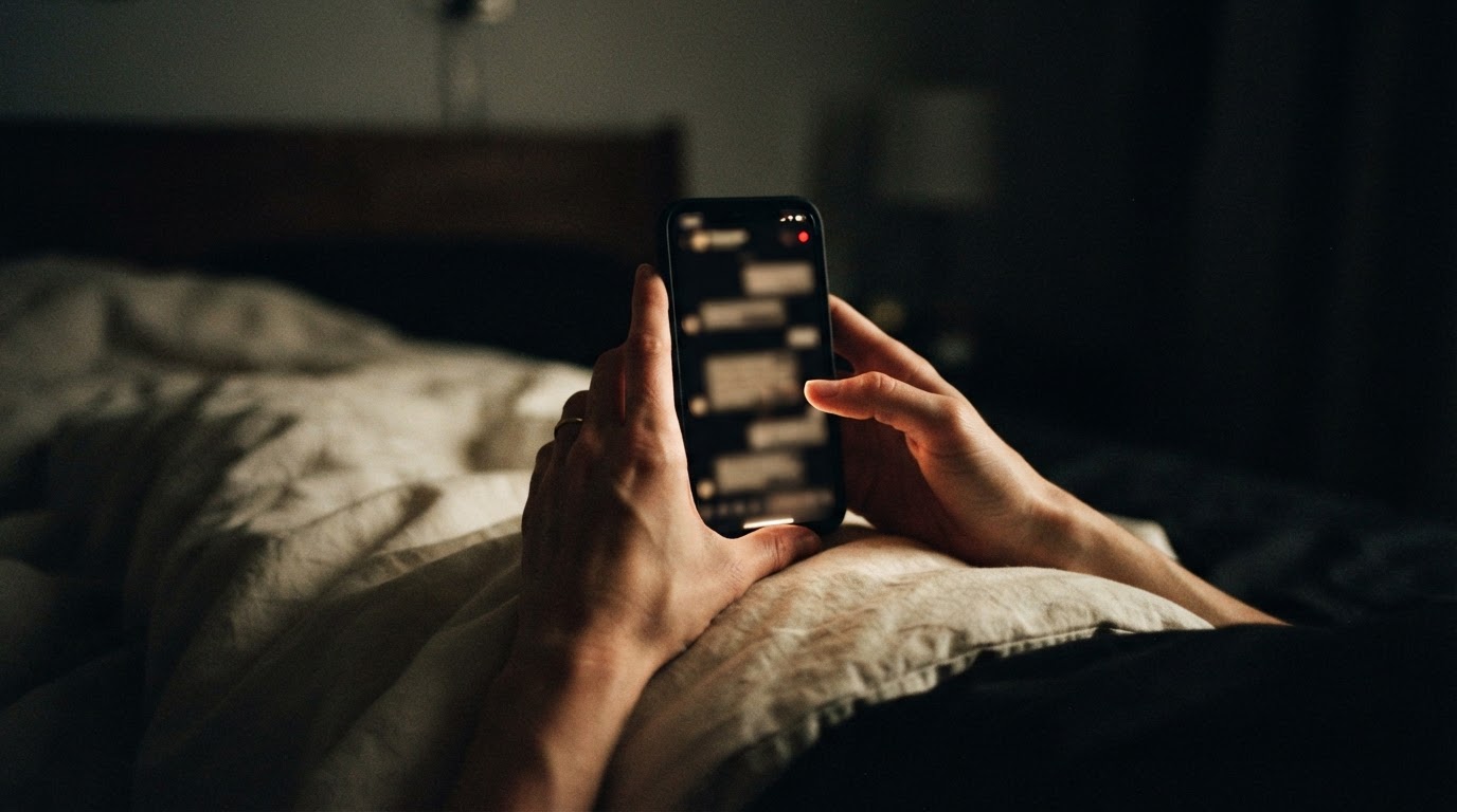 Anonymous hands holding a glowing phone with a chat app open in a dark bedroom at night
