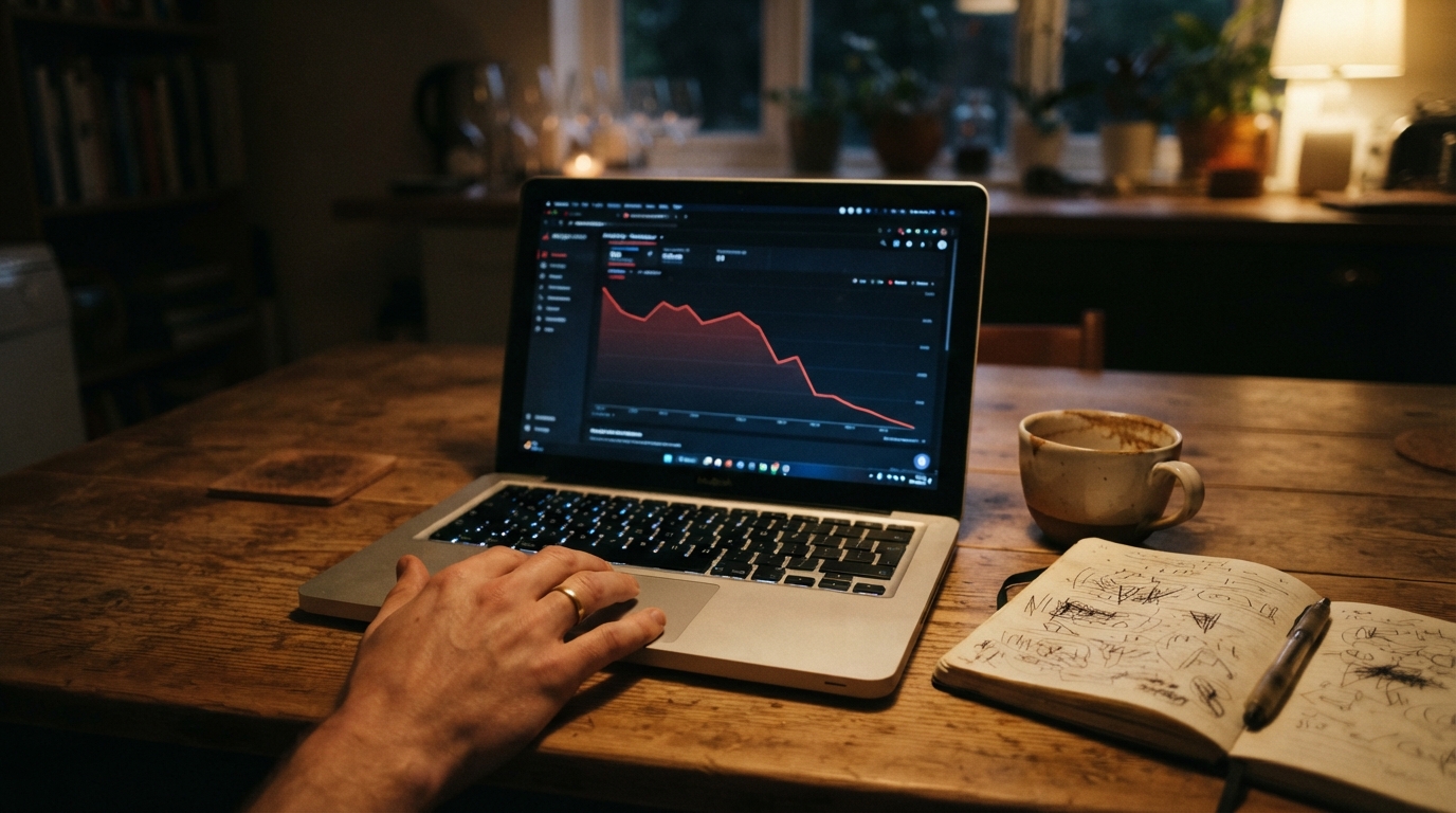 A laptop on a kitchen table showing a declining traffic chart, next to a notebook and coffee cup.