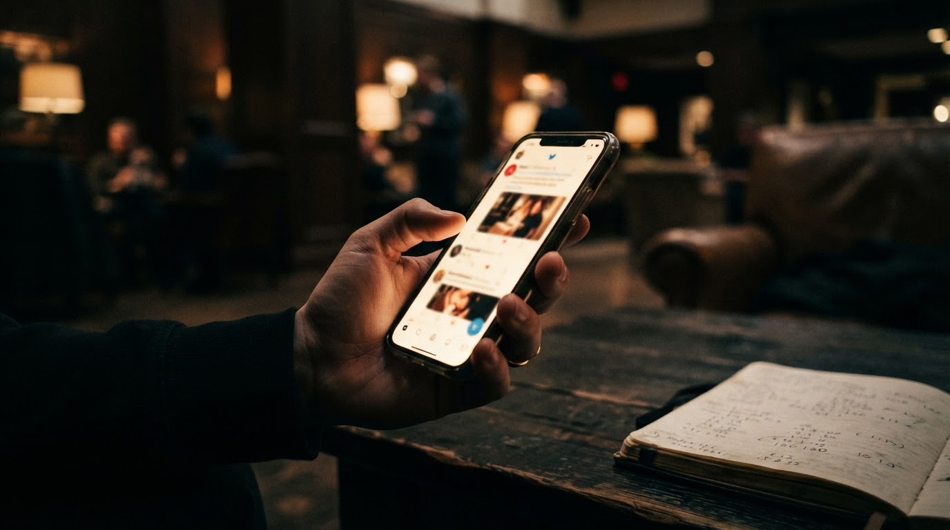 A hand holding a phone displaying a professional social feed in low light, with a notebook blurred in the background.