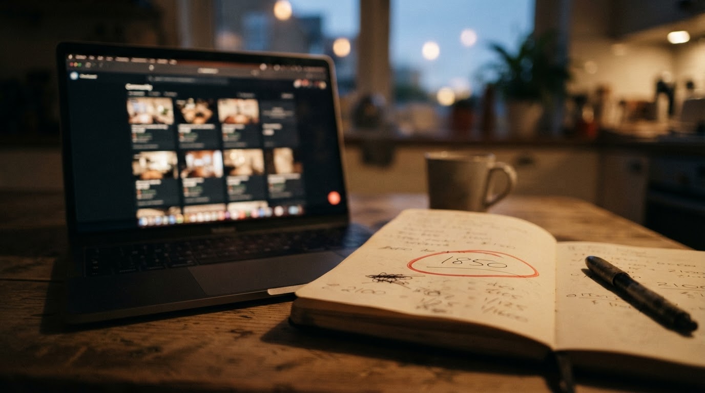 Laptop showing a grid of paid community listings beside a notebook with a circled price, lit by warm evening light