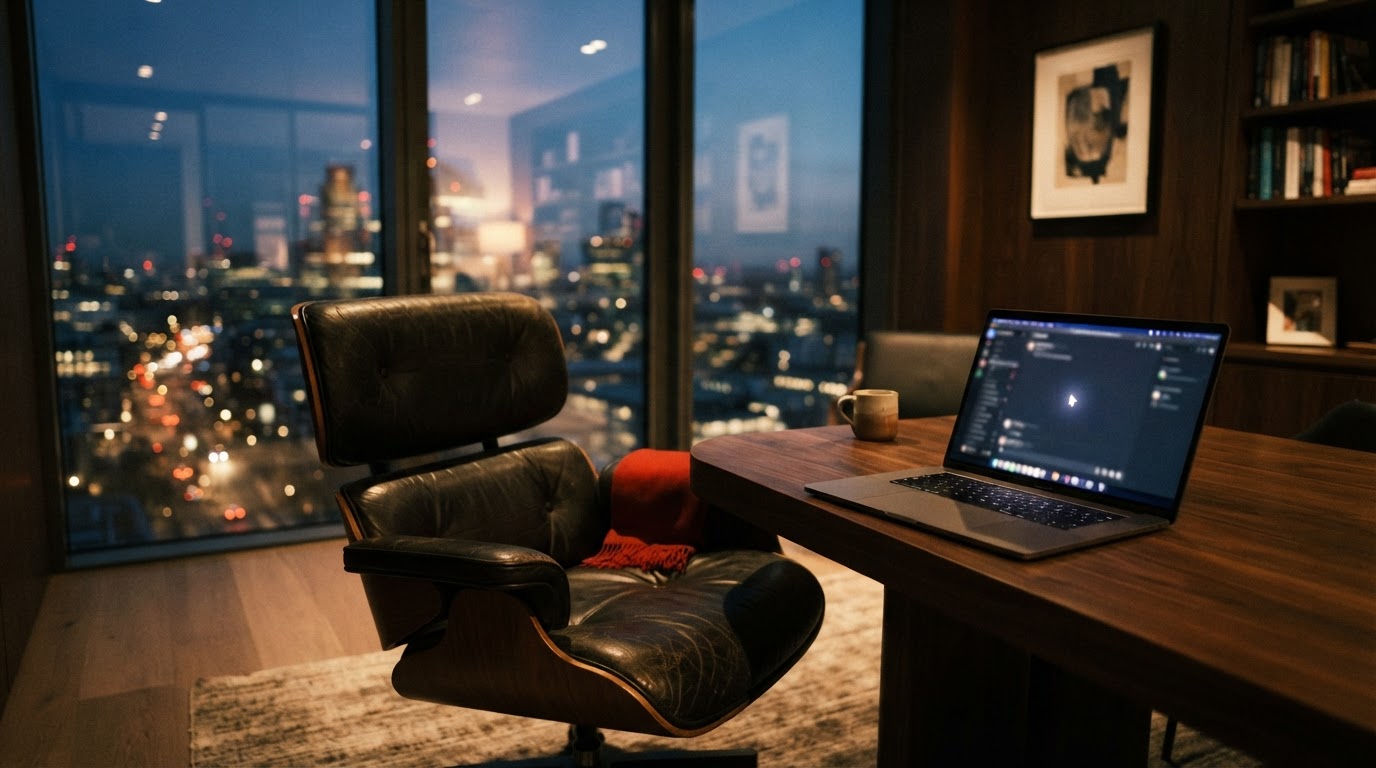An empty chair facing a laptop with an open chat window in a corporate meeting room at dusk