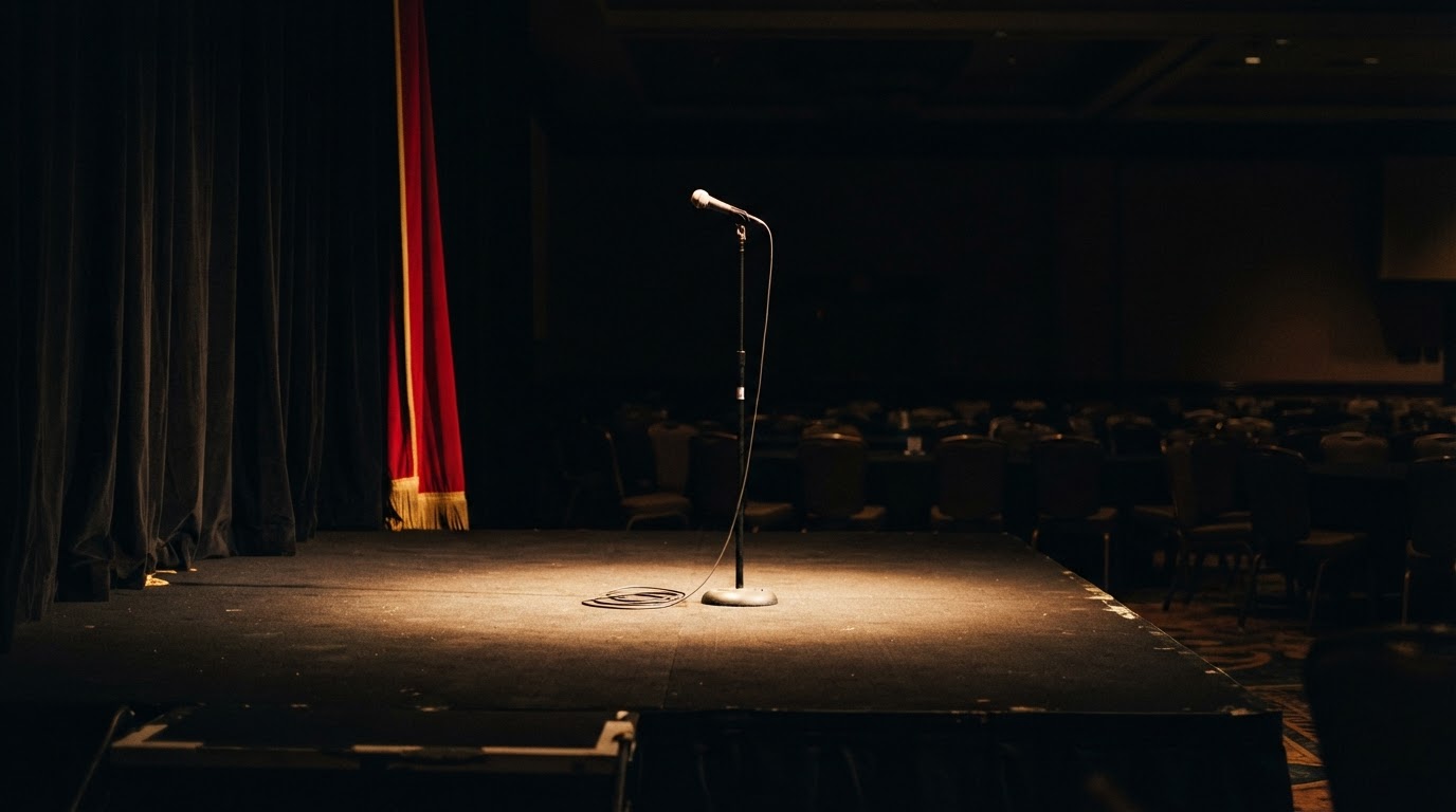 A microphone on an empty hotel ballroom stage lit by a single spotlight, with rows of empty chairs in shadow