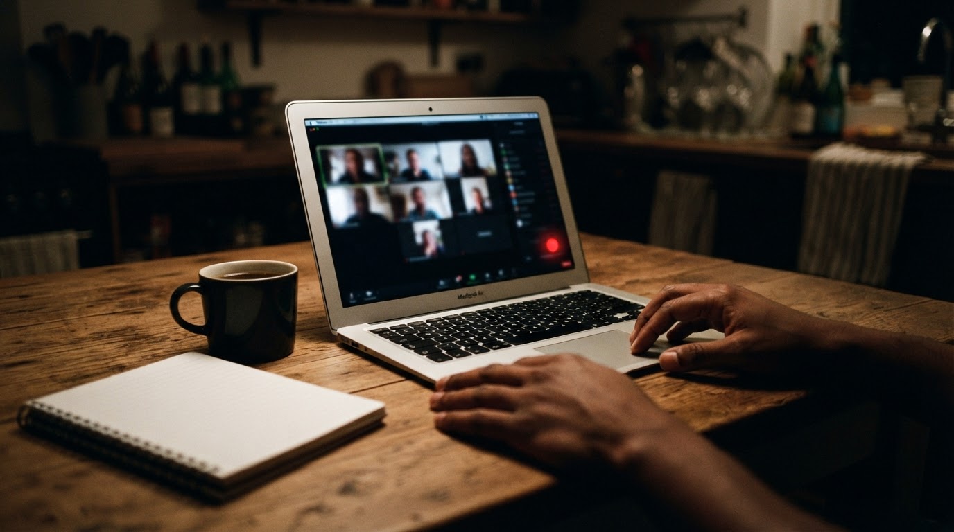 A laptop on a kitchen table showing a video call with a red recording indicator, hands resting beside a notebook.