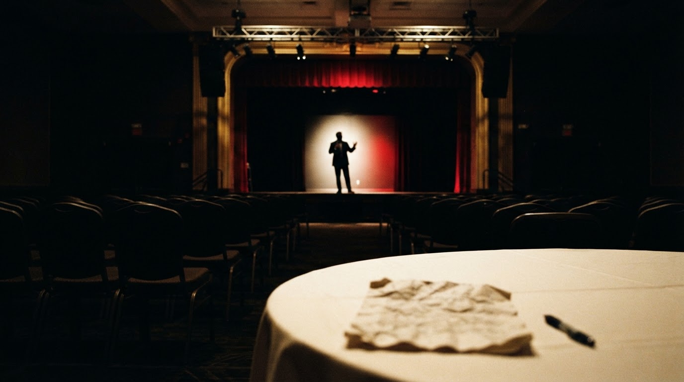 Silhouetted speaker on a hotel ballroom stage seen from behind rows of banquet chairs