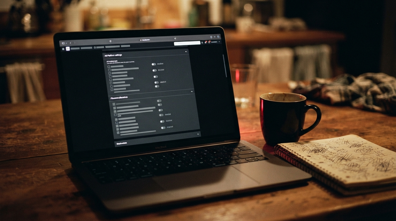 A laptop on a kitchen table at night showing an advertising placement settings panel with greyed-out checkboxes, beside a notebook and coffee cup.