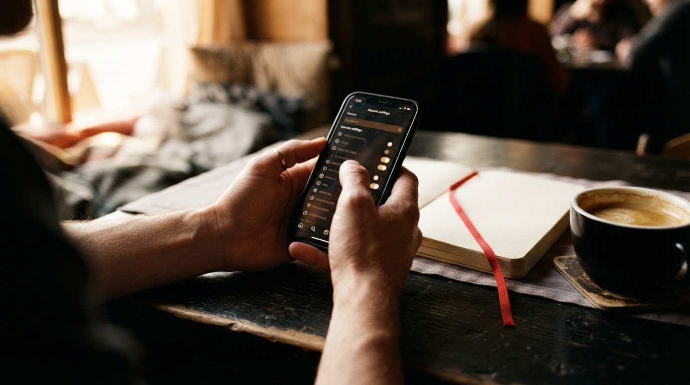Hands holding a phone displaying an app's interest preference panel, next to a notebook and coffee on a dark table