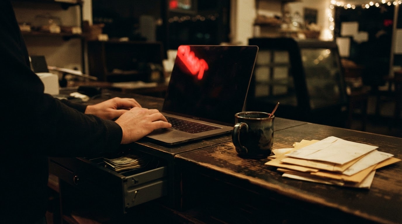 Hands on a laptop at a small business counter beside a cash drawer and a stack of envelopes
