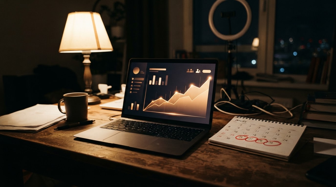 Laptop showing a channel analytics dashboard beside a desk calendar with a date circled in red