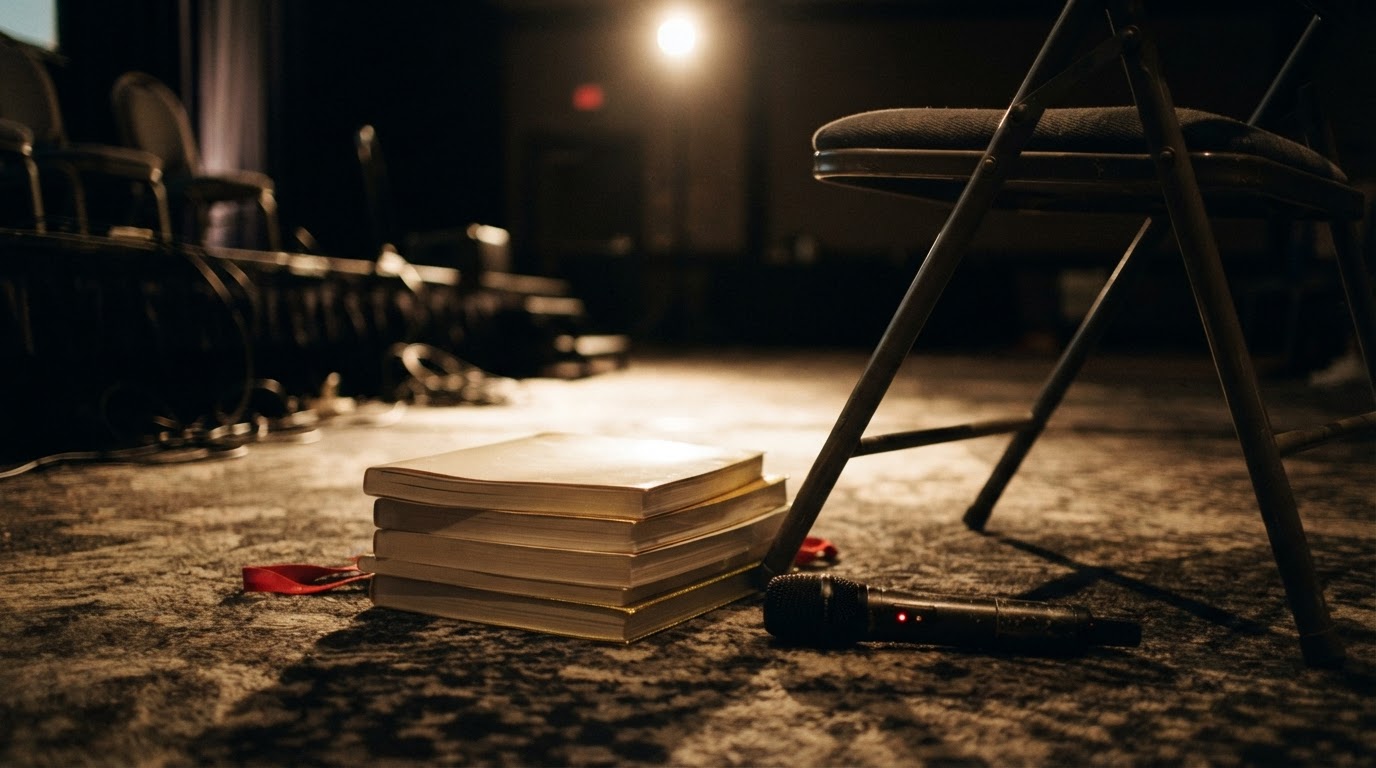 An empty hotel ballroom stage with abandoned workbooks and a microphone lying on the carpet under a spotlight.