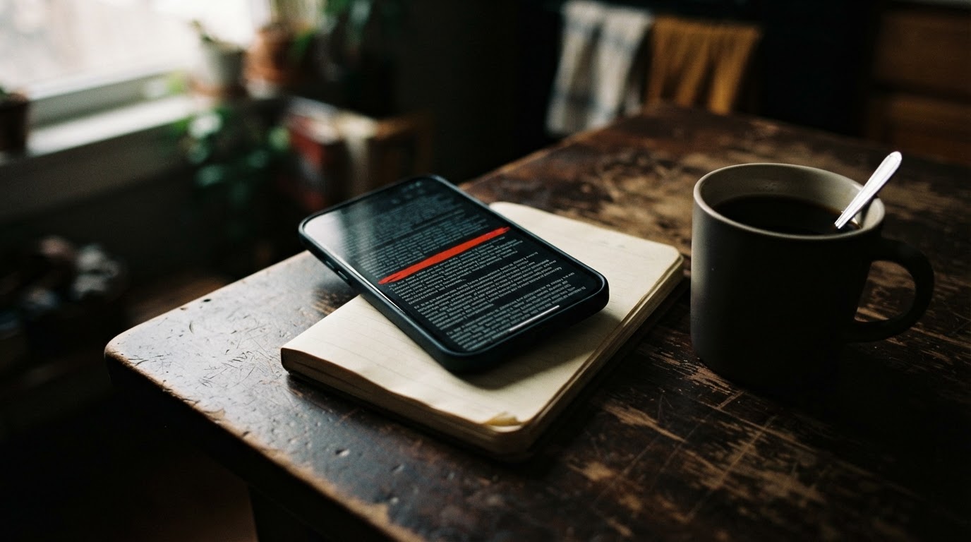 A phone displaying policy text with one line highlighted in red, on a notebook beside a coffee cup.
