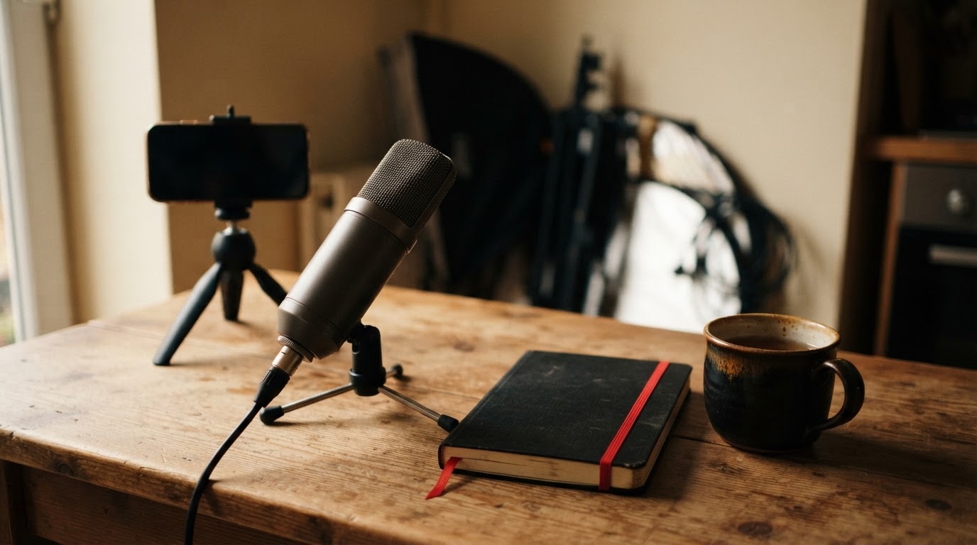 A microphone and notebook on a kitchen table, with a phone tripod and folded studio lights unused in the background.