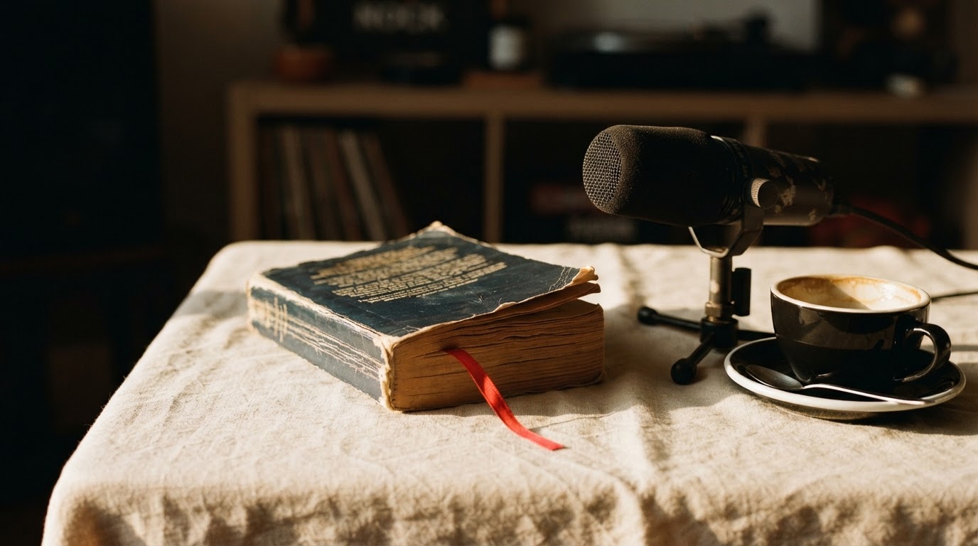 A book lying face-down next to a podcast microphone and coffee cup in warm afternoon light