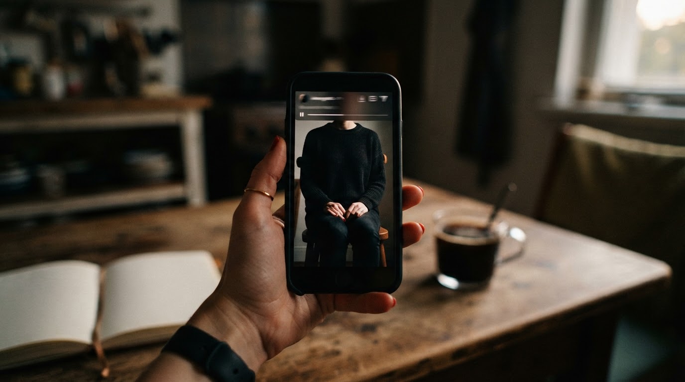 A phone showing a vertical video with interface elements covering the top of the frame