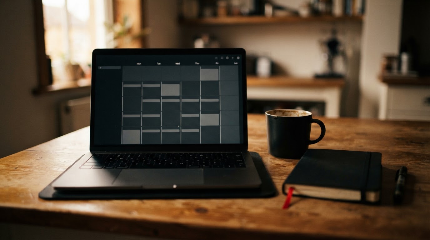 A laptop on a kitchen table showing an empty, greyed-out coaching calendar beside a cold coffee and a closed notebook.