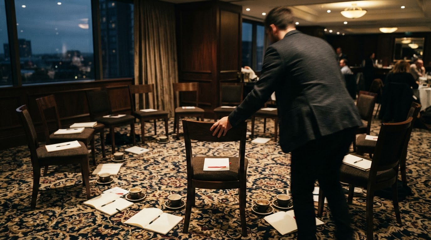 A circle of chairs in a warmly lit hotel meeting room with notebooks and coffee cups on the floor