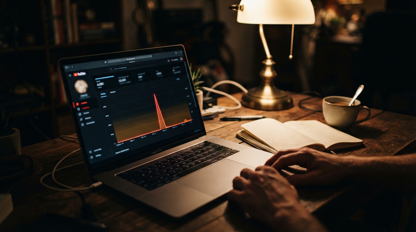 A laptop screen showing a sharply rising video analytics graph in a dim home office, with hands and a notebook beside it.