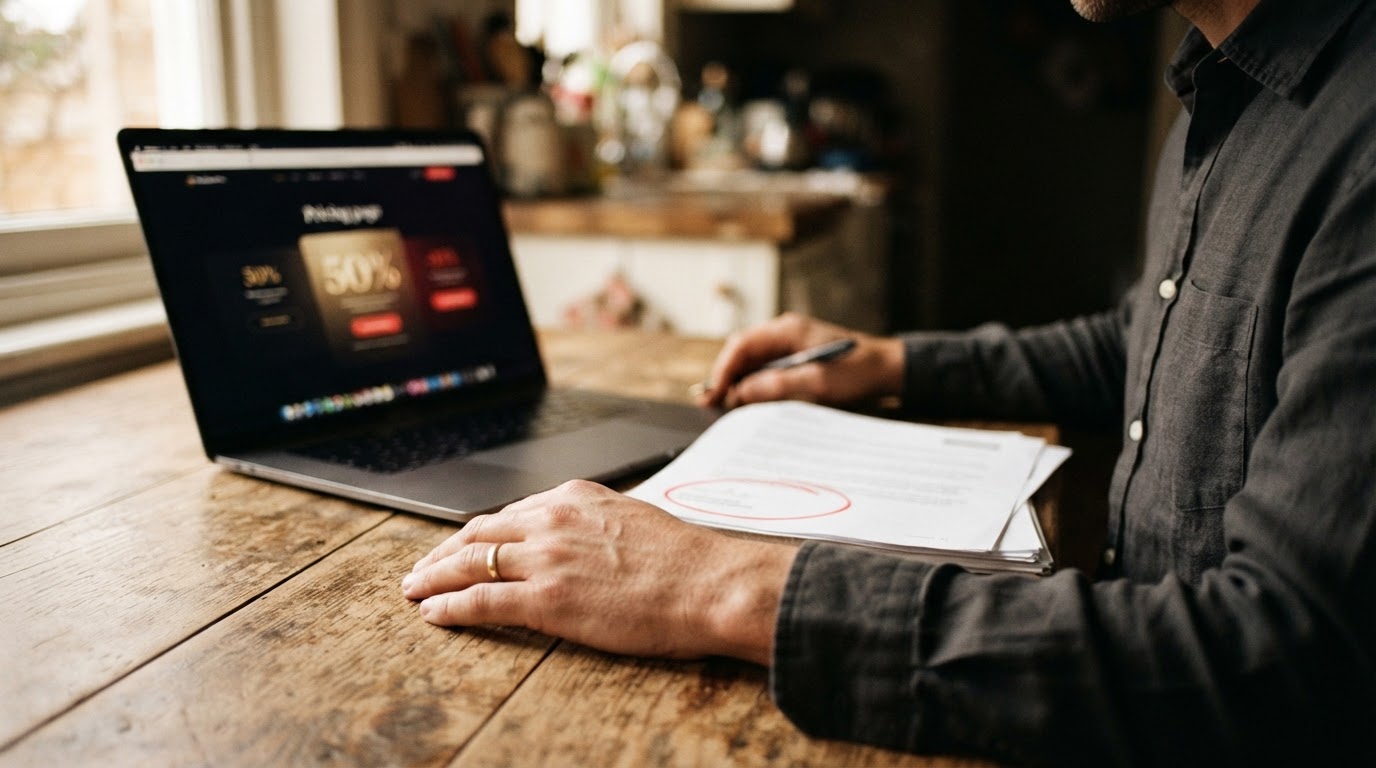 Hands at a laptop showing an AI platform pricing page, next to a printed contract with a clause circled in red