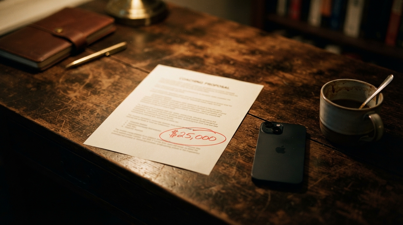 A coaching proposal on a desk with a price figure circled in red pen next to a face-down phone.