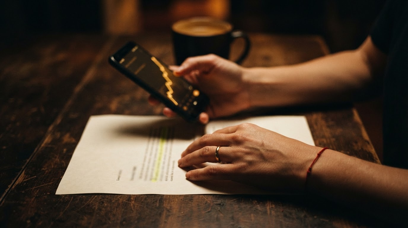 Hands at a kitchen table between a phone showing a revenue chart and a highlighted financing contract